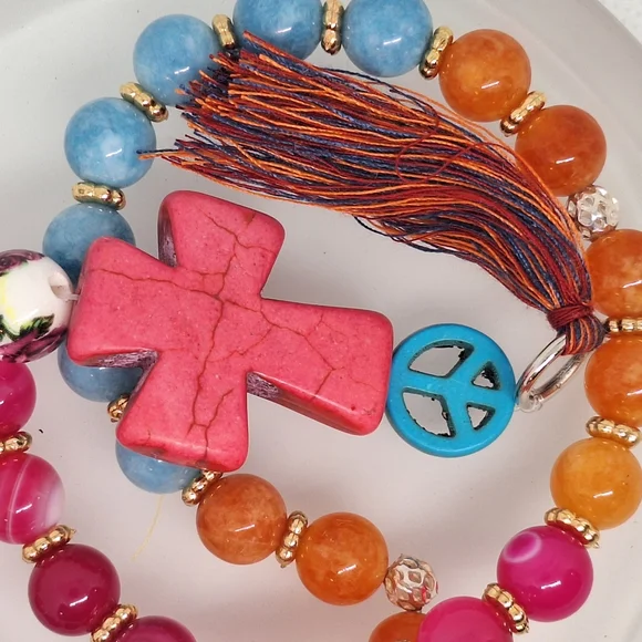 Colorful Prayer/ Meditation Beads with Cross and Peace Charm - Picture 1 of 2